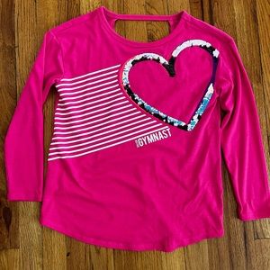 Girls justice hot pink, long sleeve sequined gymnastic top /heart size 10